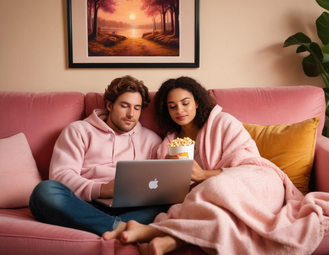 A couple sitting closely together on a cozy couch, eyes glued to a laptop screen showcasing a romantic series. Soft lighting creates an intimate atmosphere, with popcorn scattered around and a warm blanket draped over them. The background features framed photos of their adventures together, signifying deep emotional connection. Romantic mood with shades of pink and warm yellows. super-realistic. warm colors.