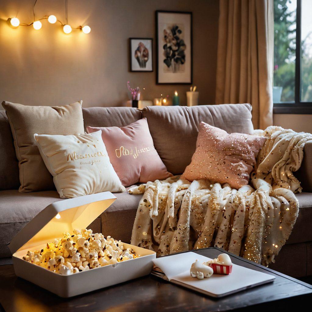 A cozy living room setting with a stylish couch adorned with fluffy cushions, a warm blanket casually draped over one side. In the foreground, an open laptop displays a list of ten romantic shows, with playful heart-shaped icons floating around. Soft golden lighting enhances the warm ambiance, while a couple can be seen laughing in the background, holding popcorn. Artistic representation could include whimsical elements like floating hearts and sparkles. super-realistic. warm colors. soft focus.