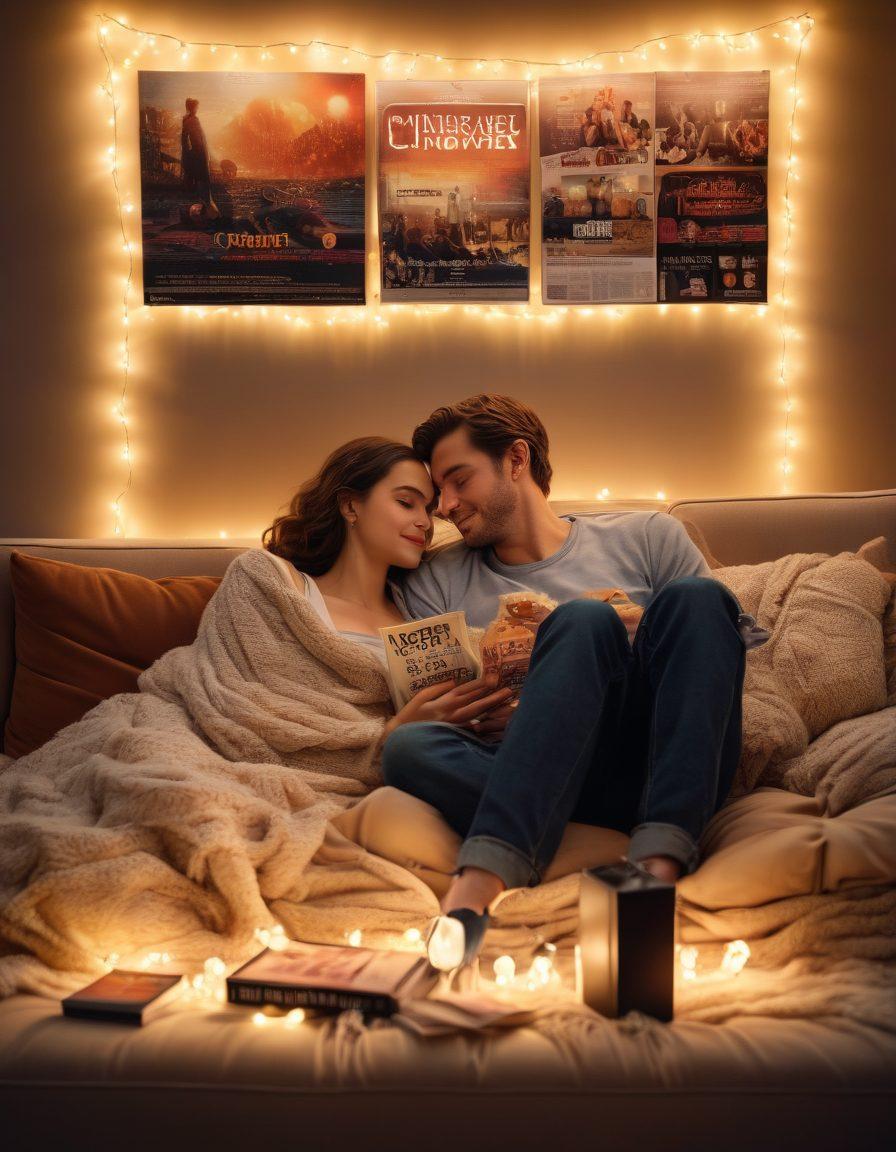 A cozy scene of a couple snuggled on a couch, surrounded by warm soft blankets, with a large TV screen displaying romantic movie posters. The room is softly illuminated by string lights, and there are popcorn and love letters scattered around. A warm, inviting atmosphere that radiates affection and connection. super-realistic. warm tones. soft lighting.